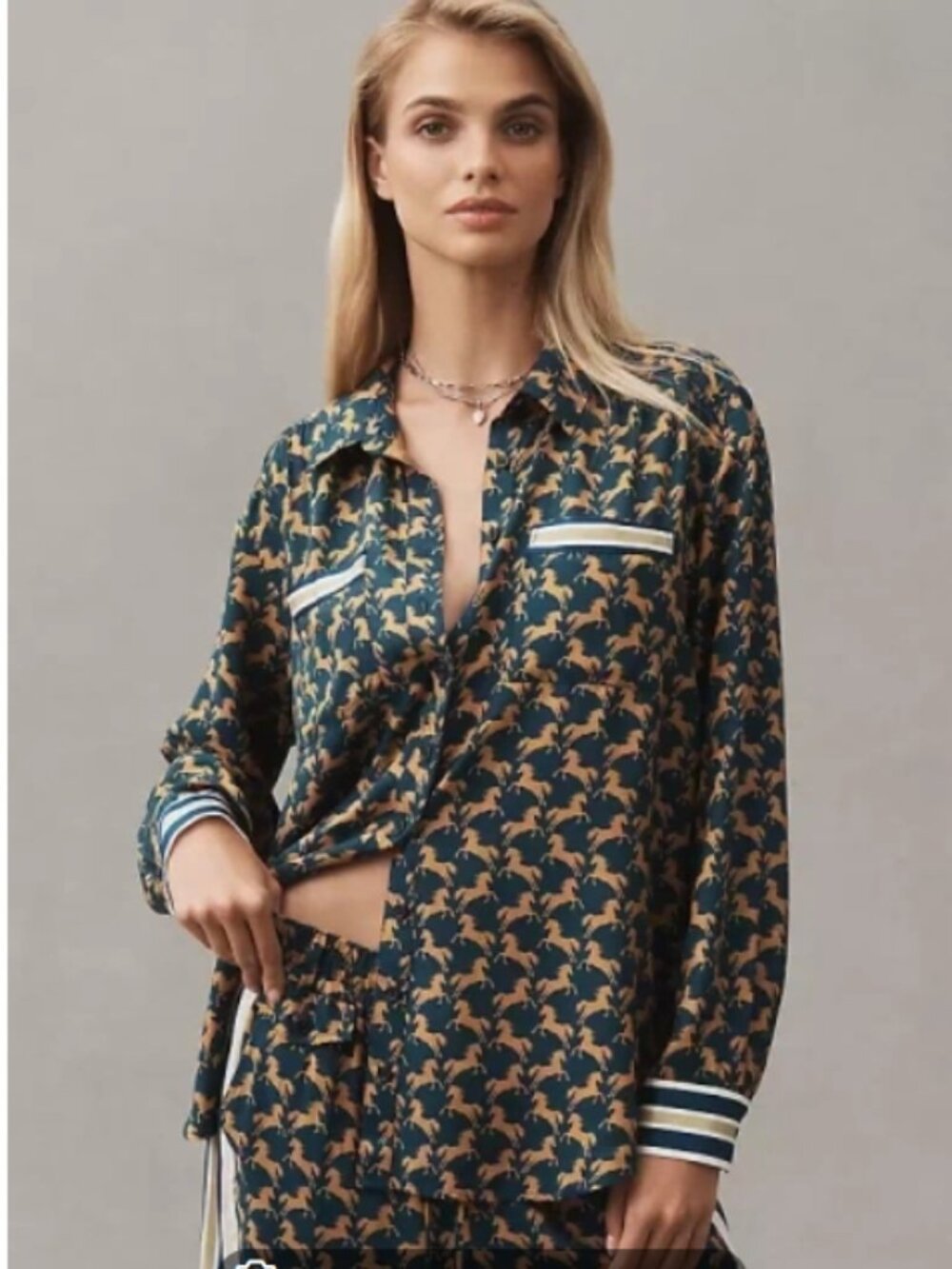 NWOT MAEVE Maeve Silky Shirt Blouse Blue with Tan Horse Print